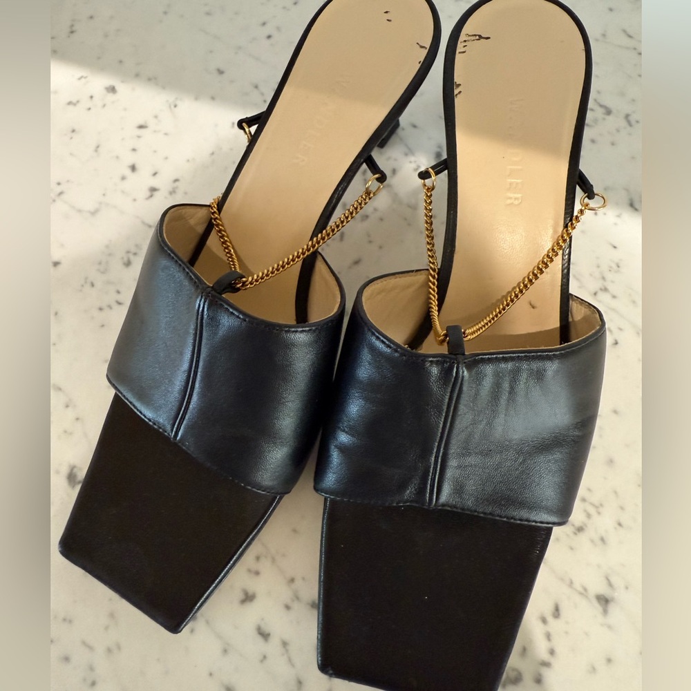 Wandler Black Leather Sandals with Gold Chain